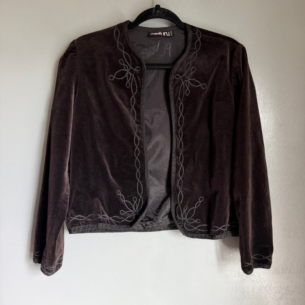 Vintage CENTURY Women's 12 Cropped Black Velvet Open Front Jacket Retro Disco